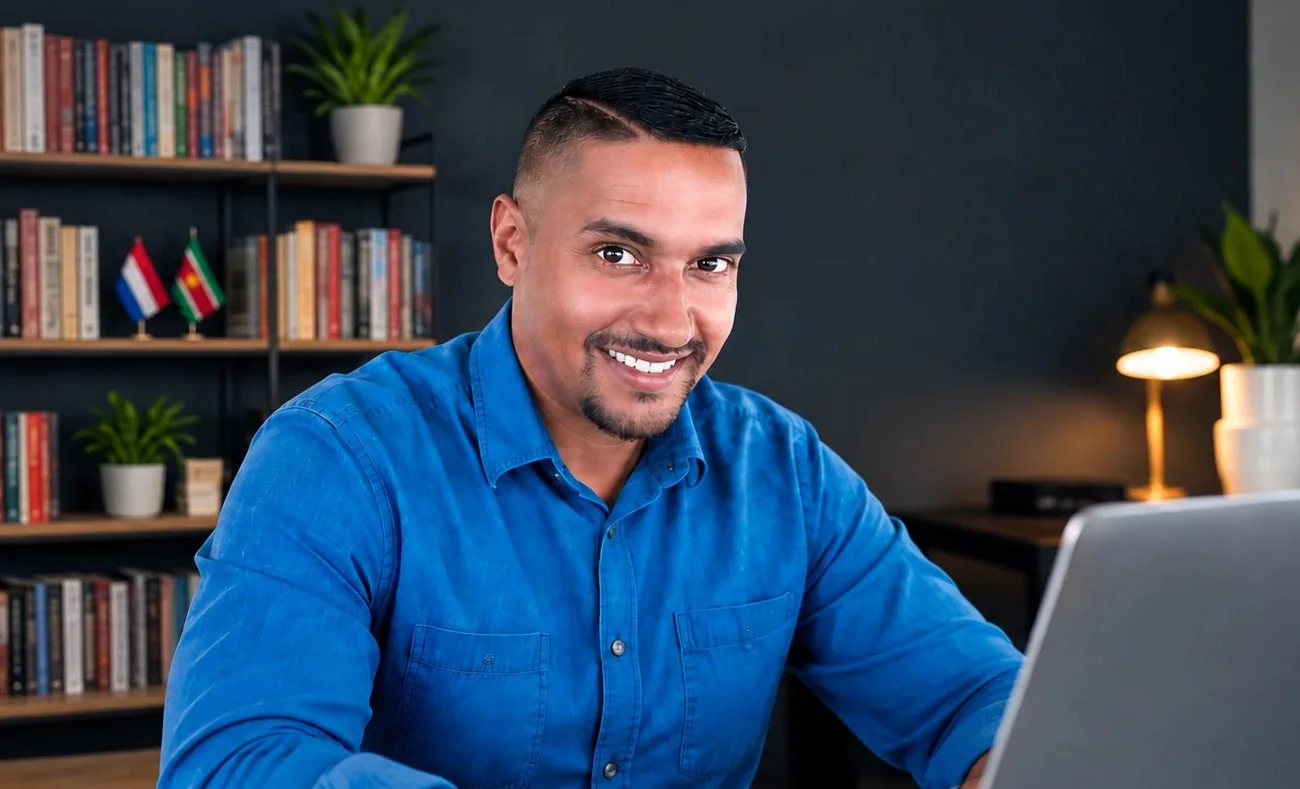 Amresh aan zijn laptop, met de Nederlandse en Surinaamse vlag op de achtergrond